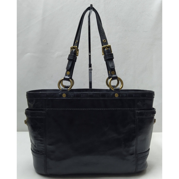Coach Gallery Black Patent Leather Turn Lock Pocket Doubler Handle Tote Bag - Picture 2 of 16